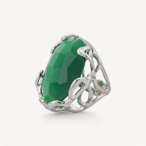 Anello Regolabile in Bronzo Rodiato Collezione AURORA-1 con Occhio Di Gatto Verde | Gioiello Artigianale Donna 28x32mm-ANELLI BIJOUX DONNA AURORA BEST SELLER | Worldofjewel.com