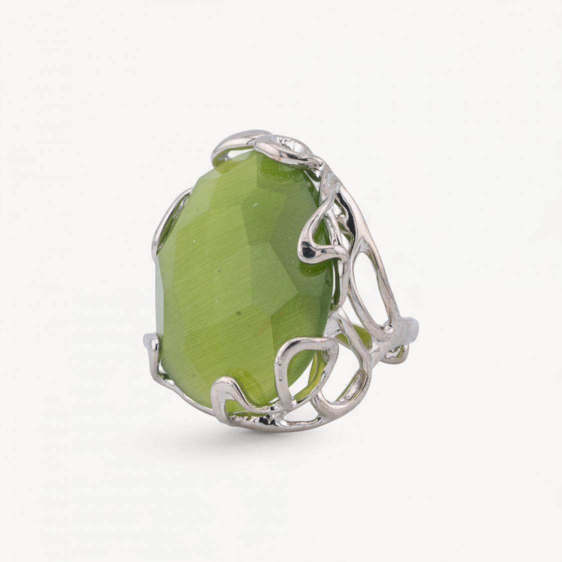 Anello Regolabile in Bronzo Rodiato Collezione AURORA-1 con Occhio Di Gatto Verde Chiaro | Gioiello Artigianale Donna 28x32mm-ANELLI BIJOUX DONNA AURORA BEST SELLER | Worldofjewel.com