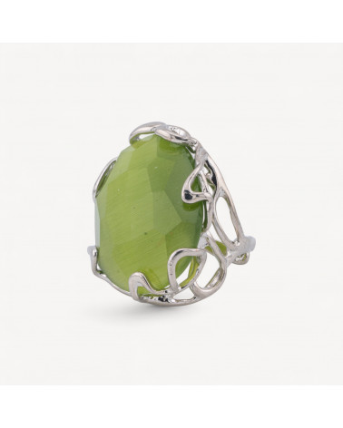 Anello Regolabile in Bronzo Rodiato Collezione AURORA-1 con Occhio Di Gatto Verde Chiaro | Gioiello Artigianale Donna 28x32mm-ANELLI BIJOUX DONNA AURORA BEST SELLER | Worldofjewel.com
