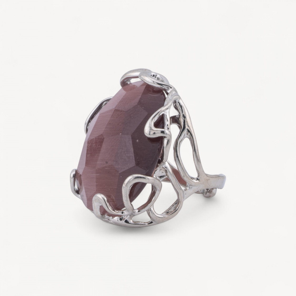 Anello Regolabile in Bronzo Rodiato Collezione AURORA-1 con Occhio Di Gatto Viola | Gioiello Artigianale Donna 28x32mm-ANELLI BIJOUX DONNA AURORA BEST SELLER | Worldofjewel.com
