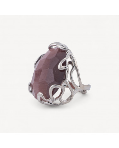 Anello Regolabile in Bronzo Rodiato Collezione AURORA-1 con Occhio Di Gatto Viola | Gioiello Artigianale Donna 28x32mm-ANELLI BIJOUX DONNA AURORA BEST SELLER | Worldofjewel.com