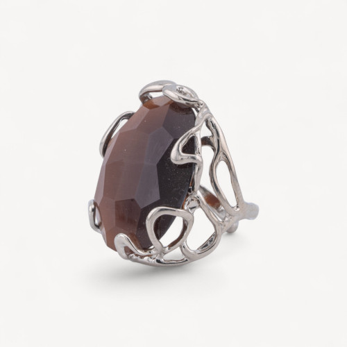 Anello Regolabile in Bronzo Rodiato Collezione AURORA-1 con Occhio Di Gatto Marrone Scuro | Gioiello Artigianale Donna 28x32m-ANELLI BIJOUX DONNA AURORA BEST SELLER | Worldofjewel.com