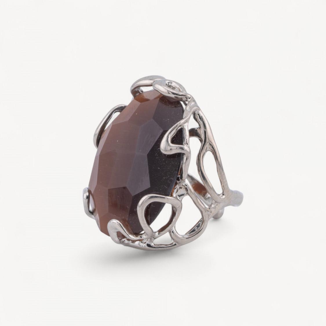 Anello Regolabile in Bronzo Rodiato Collezione AURORA-1 con Occhio Di Gatto Marrone Scuro | Gioiello Artigianale Donna 28x32mm-ANELLI BIJOUX DONNA AURORA BEST SELLER | Worldofjewel.com