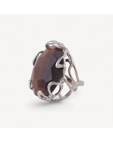 Anello Regolabile in Bronzo Rodiato Collezione AURORA-1 con Occhio Di Gatto Marrone Scuro | Gioiello Artigianale Donna 28x32m-ANELLI BIJOUX DONNA AURORA BEST SELLER | Worldofjewel.com