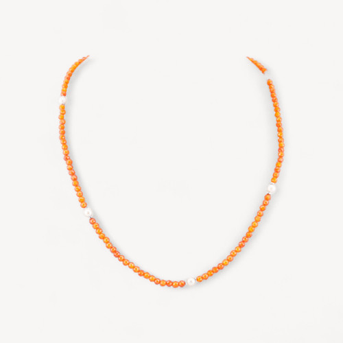 Collier ras-de-cou en oxyde de zirconium et perle de Majorque, fermoir en argent 925 rhodié, 41 cm + 5,5 cm, orange