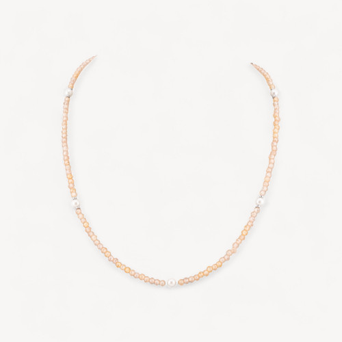 Zirconia and Majorca Pearl Choker Necklace with Rhodium-Plated 925 Silver Clasp, 41cm + 5.5cm, Beige