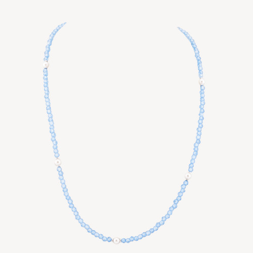 Zirconia and Majorcan Pearl Choker Necklace with Rhodium-Plated 925 Silver Clasp, 41cm + 5.5cm, Light Blue