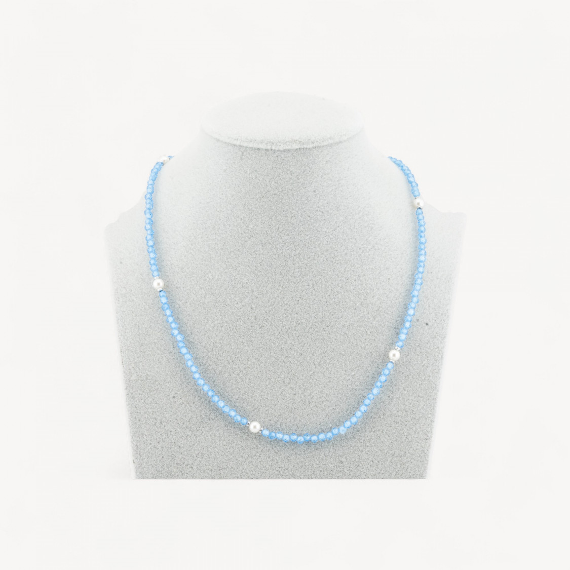 Collana Girocollo Di Zirconi E Perle Di Maiorca Con Chiusura in Argento 925 Rodiato 41cm + 5,5cm Celeste-COLLIER PIERRES DURES | Worldofjewel.com