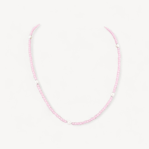 Gargantilla de circonitas y perla mallorquina con cierre de plata 925 rodiada, 41 cm + 5,5 cm, color rosa