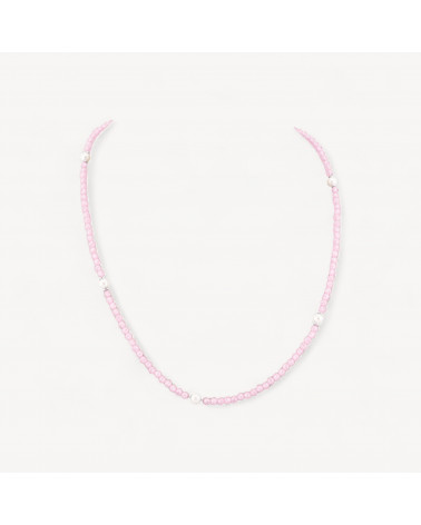 Collana Girocollo Di Zirconi E Perle Di Maiorca Con Chiusura in Argento 925 Rodiato 41cm + 5,5cm Rosa-COLLIER PIERRES DURES | Worldofjewel.com
