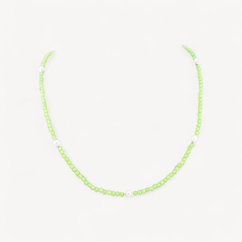 Collier ras-de-cou en zirconias et perles de Majorque, fermoir en argent 925 rhodié, 41 cm + 5,5 cm, vert