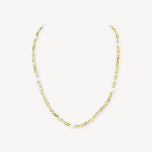 Collier ras-de-cou en oxyde de zirconium et perle de Majorque, fermoir en argent 925 rhodié, 41 cm + 5,5 cm, vert olive