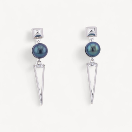 Pendientes de plata 925 con circonitas y perlas negras de Tahití rodiadas