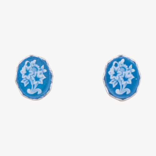 925 Silver Stud Earrings with Blue Flower Cameos