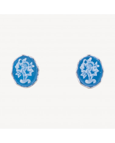 Orecchini Perno In Argento 925 Con Cammei con Fiori Blu-ARGENT 925 DESIGN ITALIE | Worldofjewel.com