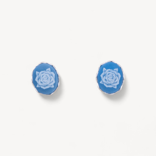 Boucles d'oreilles puces en argent 925 avec camées de roses bleues