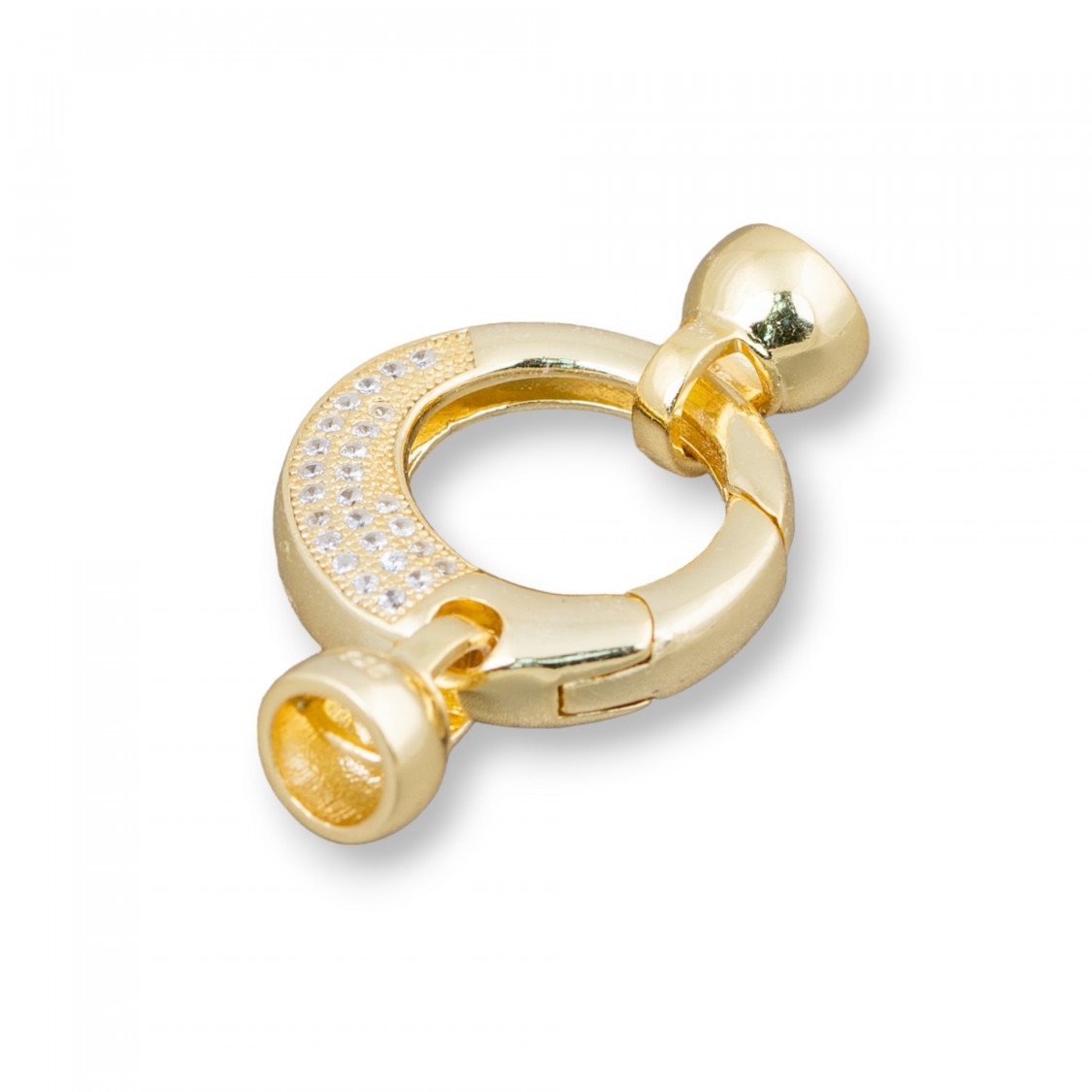 Chiusura Di Argento 925 Con Zirconi Micropave A Scatto Tondo 20x33mm Con Coppette Da 7,5mm 1pz Dorato-CHIUSURE IN ARGENTO 925 FAI DA TE | Worldofjewel.com