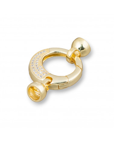 Chiusura Di Argento 925 Con Zirconi Micropave A Scatto Tondo 20x33mm Con Coppette Da 7,5mm 1pz Dorato-CHIUSURE IN ARGENTO 925 FAI DA TE | Worldofjewel.com