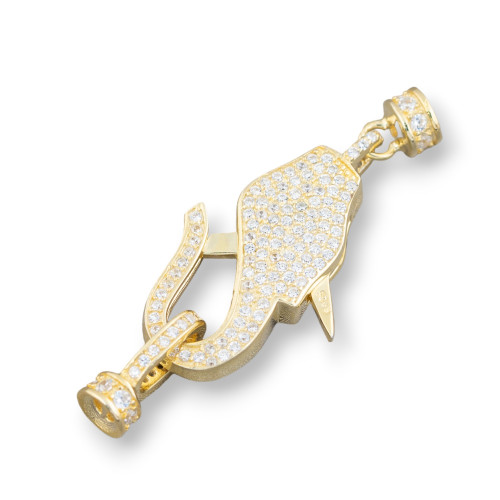 Fermoir mousqueton multi-rangs en argent 925 serti de micro-pavés de zirconiums, 16 x 40 mm, avec coupelles de 5 mm, plaqué or (