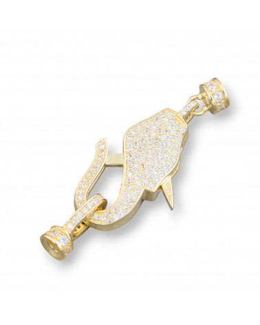 Chiusura Di Argento 925 Con Zirconi Micropave Multifilo Moschettone 16x40mm Con Coppette Da 5mm 1pz Dorato-CHIUSURE IN ARGENTO 925 FAI DA TE | Worldofjewel.com