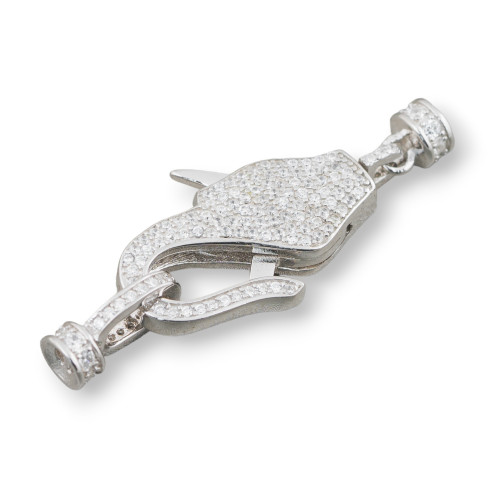 Karabinerverschluss aus 925er Sterlingsilber mit mehrreihigem Mikropavé-Zirkonia, 16 x 40 mm, mit 5-mm-Kupplungen, 1 Stück, rhod