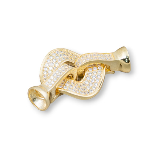 925 Silver Clasp with Zirconia Micropave Round Drilled Wavy 33x18mm 1pc Gold Plated