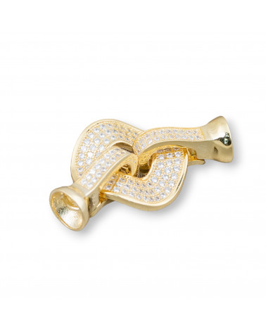Chiusura Di Argento 925 Con Zirconi Micropave Tondo Forato Ondulato 33x18mm 1pz Dorato-CHIUSURE IN ARGENTO 925 FAI DA TE | Worldofjewel.com