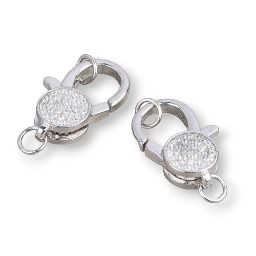 Fermoir mousqueton en argent 925 serti de micro-pavés de zirconiums (13 x 18 mm), lot de 2, plaqué rhodium.