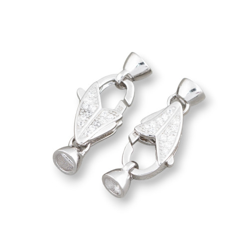 925 Silver Clasp with Zirconia Lobster Claw with 10x25mm Cups, 2pcs, Rhodium Plated
