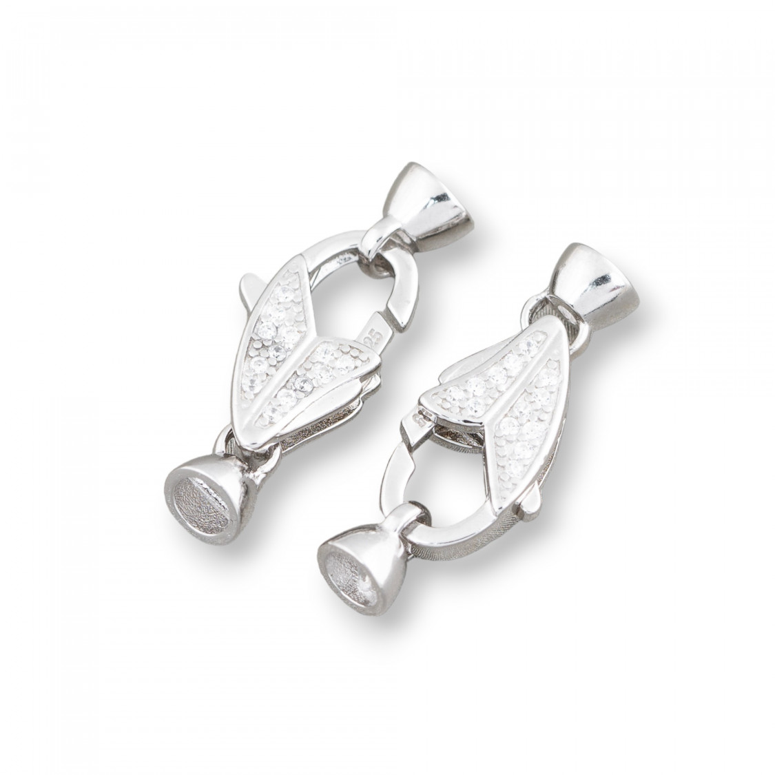 Chiusura Di Argento 925 Con Zirconi Moschettone Con Coppette 10x25mm 2pz Rodiato-CHIUSURE IN ARGENTO 925 FAI DA TE | Worldofjewel.com