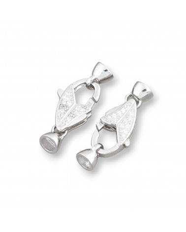 Chiusura Di Argento 925 Con Zirconi Moschettone Con Coppette 10x25mm 2pz Rodiato-CHIUSURE IN ARGENTO 925 FAI DA TE | Worldofjewel.com