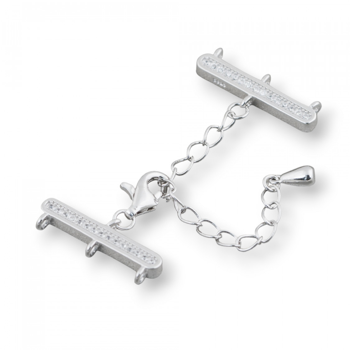 Chiusura Di Argento 925 Multifilo A 3 Fili Con Zirconi 7x18mm Con Catena Regolabile 4cm 2pz Rodiato-CHIUSURE IN ARGENTO 925 FAI DA TE | Worldofjewel.com