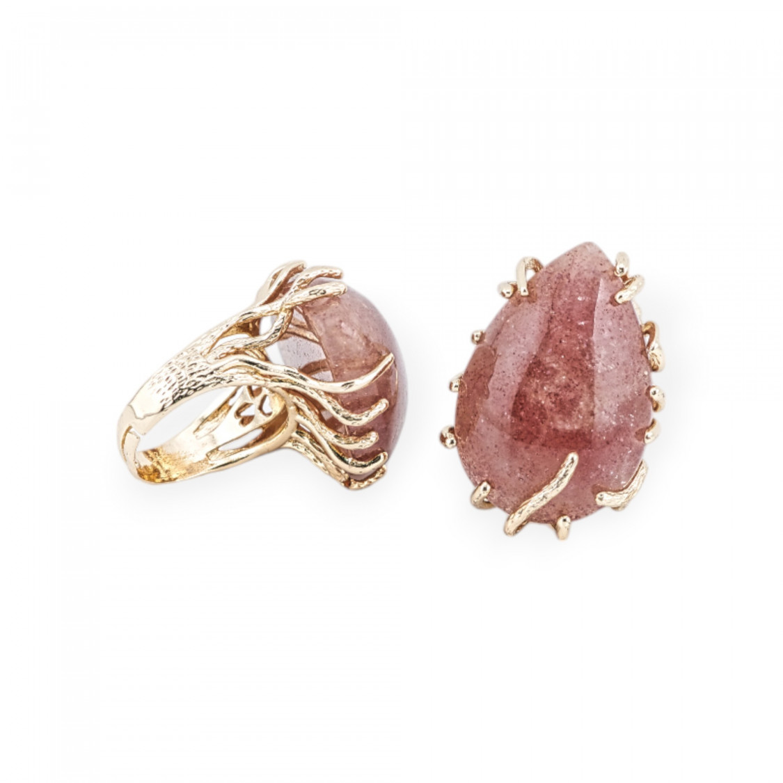 Anello Di Bronzo Con Pietre Dure Misura Regolabile 20-34mm Dorato Quarzo Fragola-ANELLI BRONZO CON PIETRE INCASTONATE | Worldofjewel.com