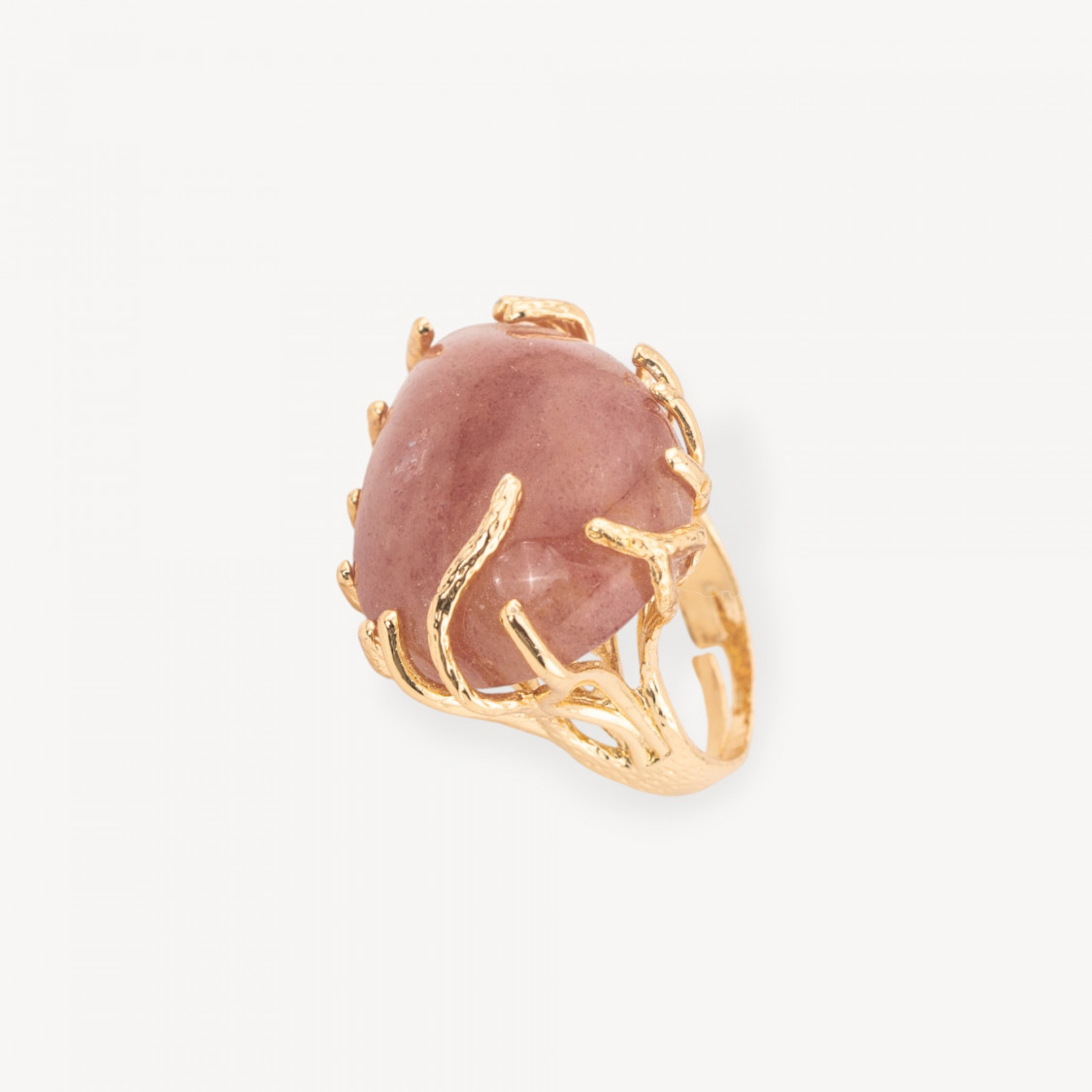 Bronze Ring with Semi-Precious Stones, Adjustable Size 20-34mm, Golden, Strawberry Quartz-BRONZE RINGS AND CAT'S EYE | Worldofjewel.com