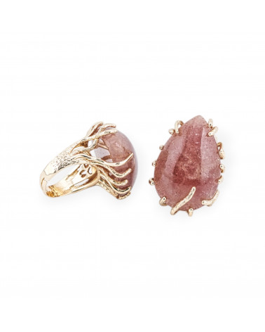 Anello Di Bronzo Con Pietre Dure Misura Regolabile 20-34mm Dorato Quarzo Fragola-ANELLI BRONZO CON PIETRE INCASTONATE | Worldofjewel.com