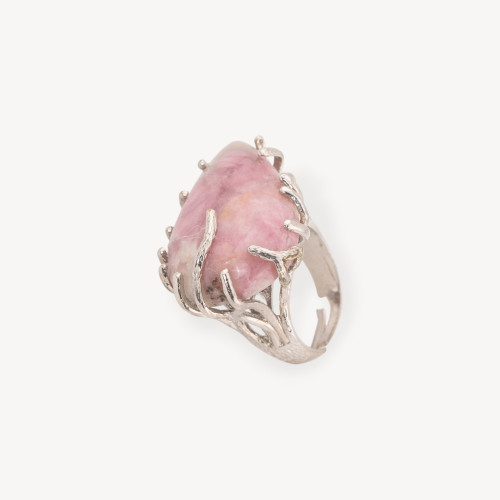 Anillo de bronce rodonita con baño de rodio y piedras semipreciosas, ajustable de 20 a 34 mm.