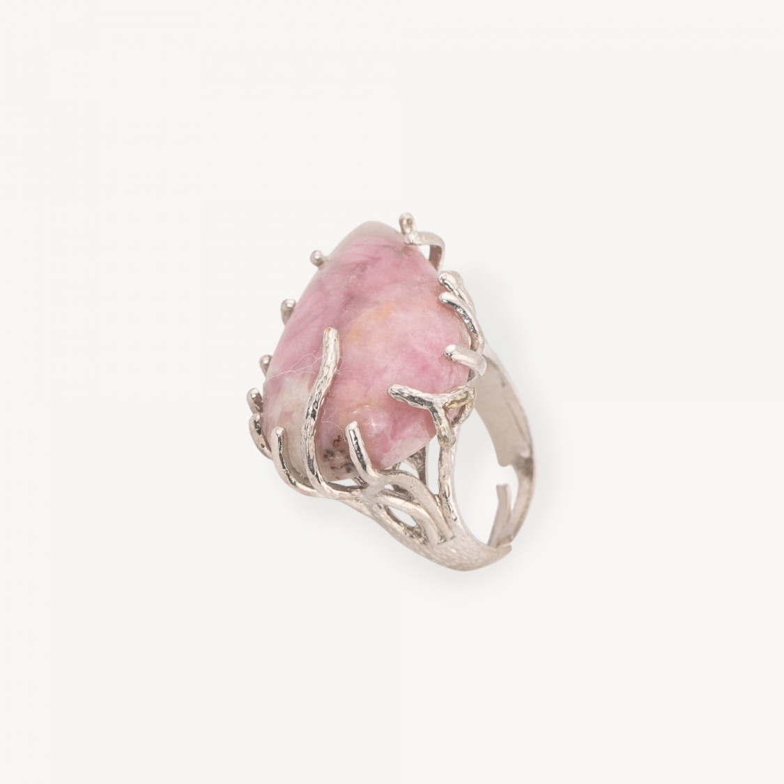 Rhodium-Plated Rhodonite Bronze Ring with Semi-Precious Stones, Adjustable Size 20-34mm-BRONZE RINGS AND CAT'S EYE | Worldofjewel.com
