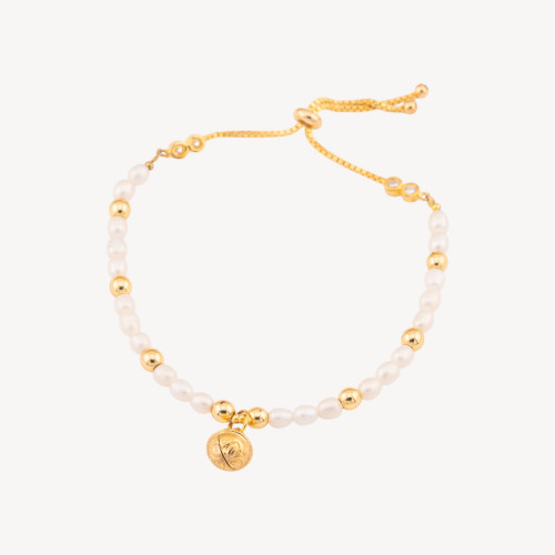 Armband aus 925er Silber mit Flussperlen und Hämatit, Glockenanhänger und vergoldetem Klappverschluss