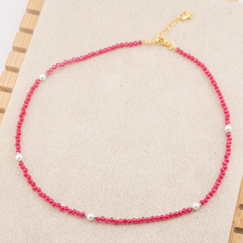 Necklace with Bordeaux Crystals and Majorca Pearls with Gold-Plated Steel Clasp and Chain 10pcs