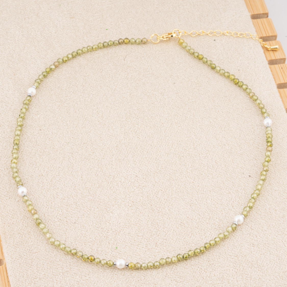 Necklace with Olive Crystals and Majorca Pearls with Gold-Plated Steel Clasp and Chain 10pcs-JEWELRY NECKLACES | Worldofjewel.com