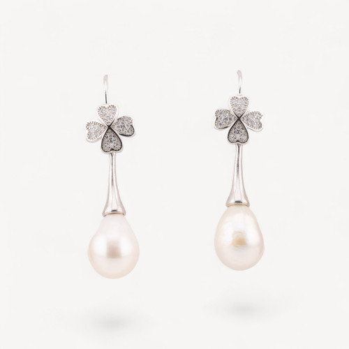 925 Silver Earrings with Zircon Four-Leaf Clover and River Pearls