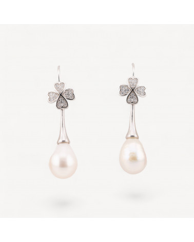 Orecchini In Argento 925 Con Quadrifoglio Zirconato E Perle Di Fiume-ARGENT 925 DESIGN ITALIE | Worldofjewel.com