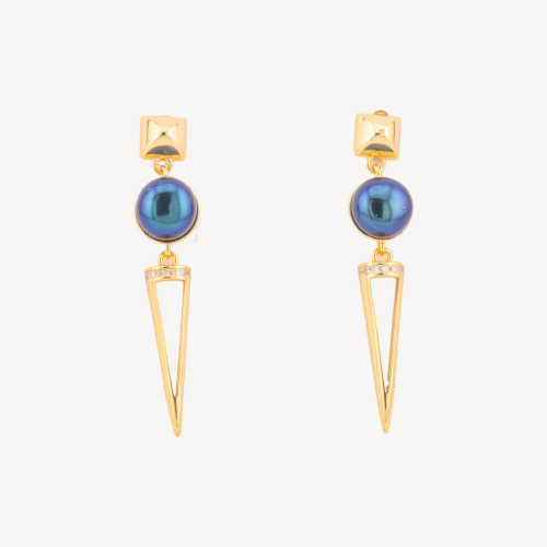 Boucles d'oreilles en argent 925 ornées de zircons et de perles de rivière noires de Tahiti plaquées or