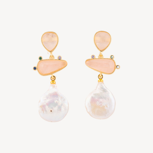 Bronze Earrings with Semiprecious Stones and Baroque Pearl Pendant 18.5x50mm