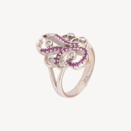 Bague en argent 925, 1 pièce, forme fantaisie, ornée de zircons fuchsia et de points lumineux.