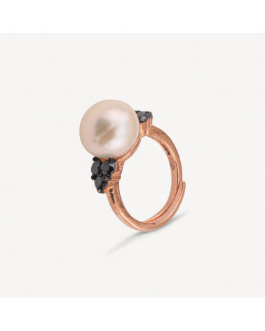 Anello Di Argento 925 1pz Oro Rosa con Zirconi Neri e Perla Naturale-ANELLI DI ARGENTO 925 | Worldofjewel.com