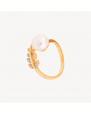 Anello Di Argento 925 1pz Semiaperto con Perla Naturale e Foglia con Zirconi-ΔΑΧΤΥΛΙΔΙΑ 925 ΑΣΗΜΙ | Worldofjewel.com