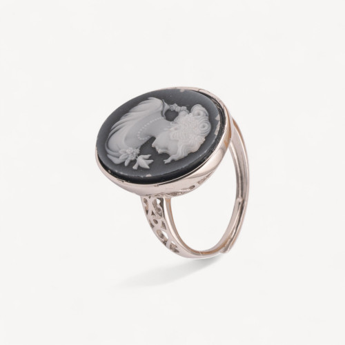 925 Silver Adjustable Size Jewel Ring with Agate Cameo and Bezel
