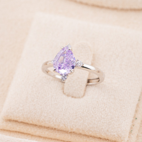 Adjustable 925 Silver Jewelry Ring with Rhodium-Plated Purple Drop Synthetic Corundum JL200049