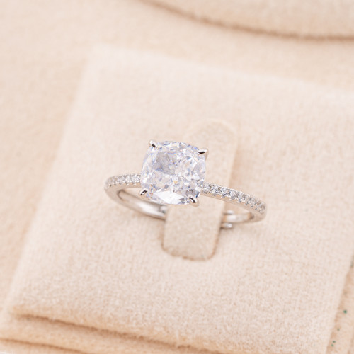 Anillo joya ajustable de plata 925 con corindón sintético cuadrado blanco rodiado JL200046